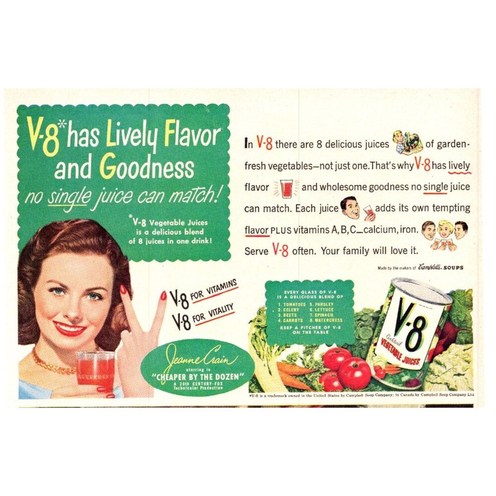 1950 V8 Vegetable Juice Cocktail Vintage Print Ad Jeanne Crain 50s Wall Art